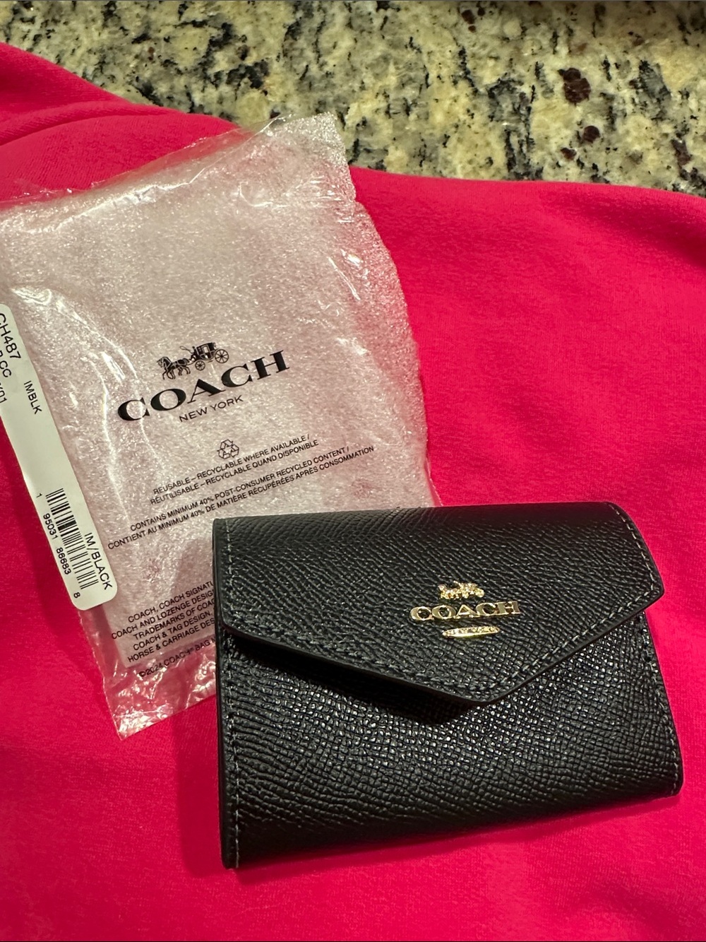 Coach Black Pebbled Leather Small Envelope Wallet with Gold Logo